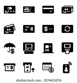 Solid vector icon set - credit card vector, ticket, tap pay, exchange, insurance, atm, receipt, calendar, identity