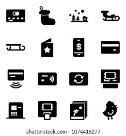 Solid vector icon set - credit card vector, christmas sock, landscape, sleigh, star postcard, mobile payment, tap pay, exchange, atm, photo, chicken toy