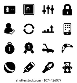 Solid vector icon set - credit card vector, safe, settings, locked, user check, refresh, growth arrow, mobile, gold medal, lawn mower, boomerang, ball, marker, beanbag, bear toy