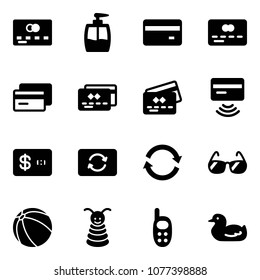 Solid vector icon set - credit card vector, liquid soap, tap pay, exchange, refresh, sunglasses, ball, pyramid toy, phone, duck