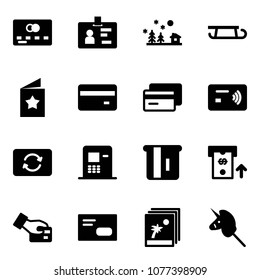 Solid vector icon set - credit card vector, identity, christmas landscape, sleigh, star postcard, tap pay, exchange, atm, envelope, photo, toy unicorn stick