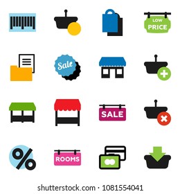 solid vector icon set - credit card vector, office, estate document, sale signboard, rooms, low price, shopping bag, percent, market, barcode, basket