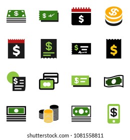 solid vector icon set - credit card vector, cash, coin stack, check, receipt, dollar calendar, money, tap pay