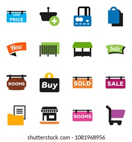solid vector icon set - credit card vector, office, estate document, sale signboard, rooms, sold, low price, new, shopping bag, market, buy, barcode, basket, cart
