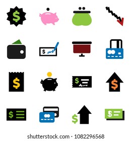 solid vector icon set - credit card vector, crisis, piggy bank, dollar growth, check, receipt, presentation board, medal, wallet