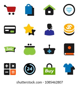 solid vector icon set - credit card vector, dollar coin, wallet, star, sale, 24 hour, shopping bag, support, buy, basket, cart, home, calculator, catalog, diamond ring, clothes