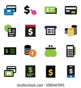 solid vector icon set - credit card vector, coin stack, receipt, dollar cursor, wallet, reader, check, tap pay