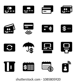 Solid vector icon set - credit card vector, tap pay, exchange, atm, finance calendar, identity
