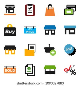 solid vector icon set - credit card vector, office, estate document, sold signboard, low price, sale, shopping bag, market, store, buy, basket, list, coupon