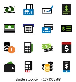 solid vector icon set - credit card vector, cash, coin stack, check, receipt, wallet, reader, tap pay