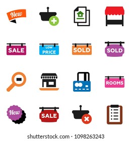 solid vector icon set - credit card vector, office, cargo search, estate document, sale signboard, rooms, sold, low price, new, market, basket, shopping list