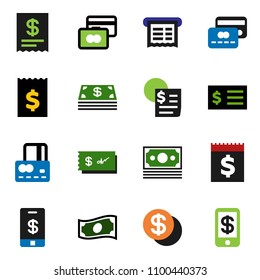 solid vector icon set - credit card vector, cash, receipt, money, dollar coin, check, tap pay