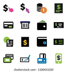 solid vector icon set - credit card vector, wallet, coin stack, check, receipt, dollar cursor, tap pay