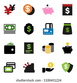 solid vector icon set - credit card vector, wallet, piggy bank, investment, coin stack, dollar shield, yen sign, money, receipt, bag, cashbox