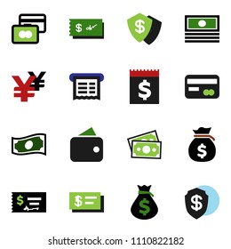 solid vector icon set - credit card vector, cash, money bag, check, yen sign, receipt, wallet, dollar shield