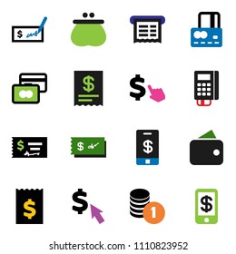 solid vector icon set - credit card vector, coin stack, check, receipt, dollar cursor, wallet, reader, tap pay