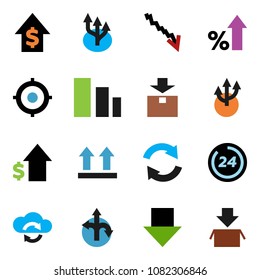 solid vector icon set - crisis vector, percent growth, dollar, target, arrow down, route, top sign, package, sorting, cloud exchange, refresh, 24 hour