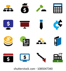 solid vector icon set - crisis vector, money bag, auction, calculator, binder, presentation board, tie, hierarchy, dollar calendar, monitor, cent sign, gold ingot, receipt, coin, cashbox