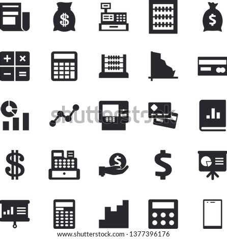 Solid vector icon set - crisis flat vector, chart, credit card, dollar, investments, wealth, statistics, scatter, news, book balance accounting, calculator, cash machine, abacus, presentaition board