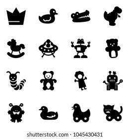 Solid vector icon set - crown vector, duck toy, crocodile, dinosaur, rocking horse, ufo, robot, bear, caterpillar, doll, monster, cat