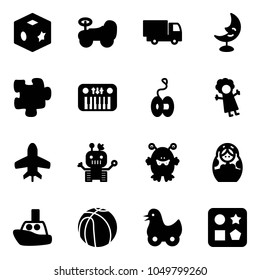 Solid vector icon set - cube toy vector, baby car, truck, moon lamp, puzzle, piano, yoyo, doll, plane, robot, monster, russian, boat, basketball, duck, hole