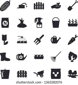 Solid vector icon set - cucumber flat vector, fertilizer vectory, carrot, tree, pulverizer, sprinkling machine, pitchfork, shovel, hose, fence, seedlings, rake, watering can, bucketful, gumboots