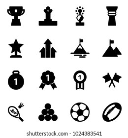 Solid vector icon set - cup vector, winner, award, arrows up, mountain, gold medal, flags cross, badminton, billiards balls, soccer ball, football