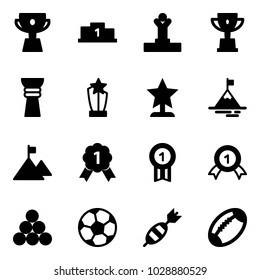 Solid vector icon set - cup vector, pedestal, winner, win, award, mountain, gold medal, billiards balls, soccer ball, dart, football