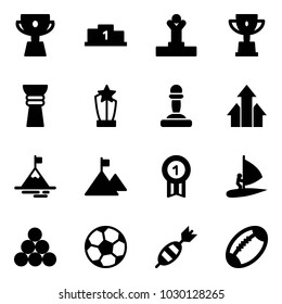 Solid vector icon set - cup vector, pedestal, winner, win, award, pawn, arrows up, mountain, gold medal, windsurfing, billiards balls, soccer ball, dart, football