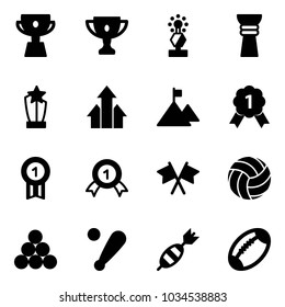 Solid vector icon set - cup vector, gold, award, arrows up, mountain, medal, flags cross, volleyball, billiards balls, baseball bat, dart, football