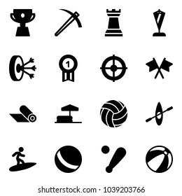 Solid vector icon set - cup vector, job, chess tower, pennant, solution, gold medal, target, flags cross, mat, inflatable pool, volleyball, kayak, surfing, ball, baseball bat, beach