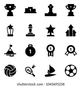 Solid vector icon set - cup vector, pedestal, winner, win, award, pawn, arrows up, mountain, gold medal, volleyball, badminton, windsurfing, soccer ball