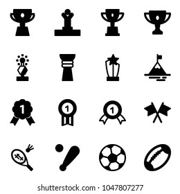 Solid vector icon set - cup vector, winner, win, gold, award, mountain, medal, flags cross, badminton, baseball bat, soccer ball, football