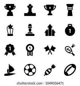 Solid vector icon set - cup vector, winner, gold, award, pawn, arrows up, medal, flags cross, badminton, windsurfing, soccer ball, dart, football