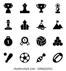 Solid vector icon set - cup vector, winner, gold, award, pawn, arrows up, mountain, medal, volleyball, billiards balls, baseball bat, soccer ball, dart, football