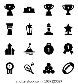 Solid vector icon set - cup vector, pedestal, win, gold, award, pawn, arrows up, mountain, medal, badminton, billiards balls, football