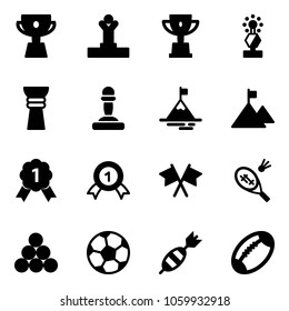 Solid vector icon set - cup vector, winner, win, award, pawn, mountain, gold medal, flags cross, badminton, billiards balls, soccer ball, dart, football