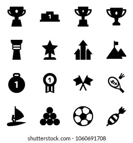 Solid vector icon set - cup vector, pedestal, win, gold, award, arrows up, mountain, medal, flags cross, badminton, windsurfing, billiards balls, soccer ball, dart