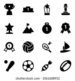 Solid vector icon set - cup vector, pedestal, award, pawn, mountain, gold medal, volleyball, badminton, windsurfing, baseball bat, soccer ball, dart, football