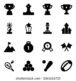 Solid vector icon set - cup vector, winner, win, gold, award, pawn, arrows up, mountain, medal, flags cross, badminton, billiards balls, baseball bat, football