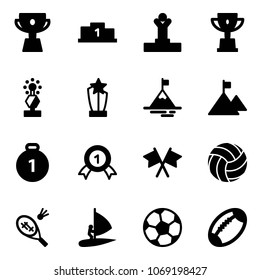 Solid vector icon set - cup vector, pedestal, winner, win, award, mountain, gold medal, flags cross, volleyball, badminton, windsurfing, soccer ball, football