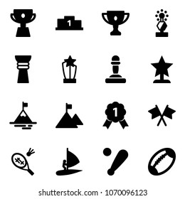 Solid vector icon set - cup vector, pedestal, gold, award, pawn, mountain, medal, flags cross, badminton, windsurfing, baseball bat, football