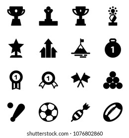 Solid vector icon set - cup vector, winner, win, award, arrows up, mountain, gold medal, flags cross, billiards balls, baseball bat, soccer ball, dart, football