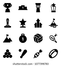 Solid vector icon set - cup vector, pedestal, award, pawn, arrows up, mountain, gold medal, volleyball, badminton, billiards balls, baseball bat, dart, football