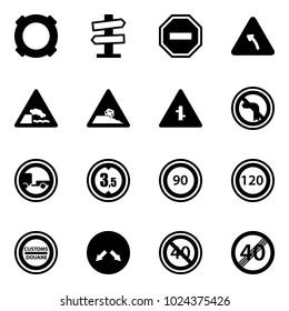 Solid vector icon set - currency vector, road signpost sign, no way, turn left, embankment, steep roadside, intersection, trailer, limited height, speed limit 90, 120, customs, detour, end minimal