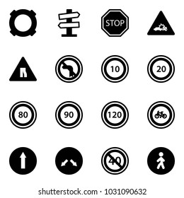 Solid vector icon set - currency vector, road signpost sign, stop, car crash, narrows, no left turn, speed limit 10, 20, 80, 90, 120, bike, only forward, detour, end minimal, pedestrian way