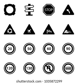 Solid vector icon set - currency vector, road signpost sign, stop, turn left, round motion, airport, side wind, gravel, speed limit 20, 50, 60, 90, 120, 130, no back, customs