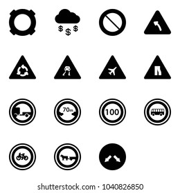 Solid vector icon set - currency vector, money rain, prohibition road sign, turn left, round motion, slippery, airport, narrows, no trailer, limited distance, speed limit 100, bus, bike, cart horse