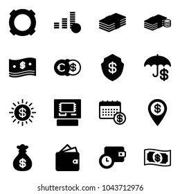 Solid vector icon set - currency vector, coin, dollar, cash, euro, safe, insurance, sun, atm, calendar, pin, money bag, wallet, time