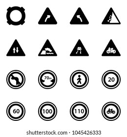 Solid vector icon set - currency vector, turn right road sign, left, landslide, oncoming traffic, embankment, slippery, for moto, no, limited distance, pedestrian, speed limit 20, 60, 100, 110, bike